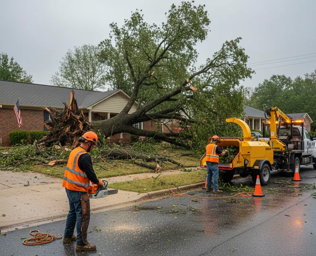 Crew clearing a storm-damaged tree from a residential property