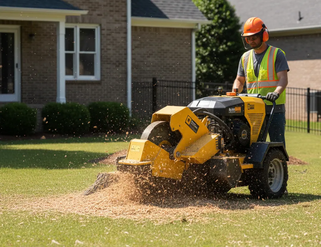 Professional stump grinder removing a stump in a residential yard