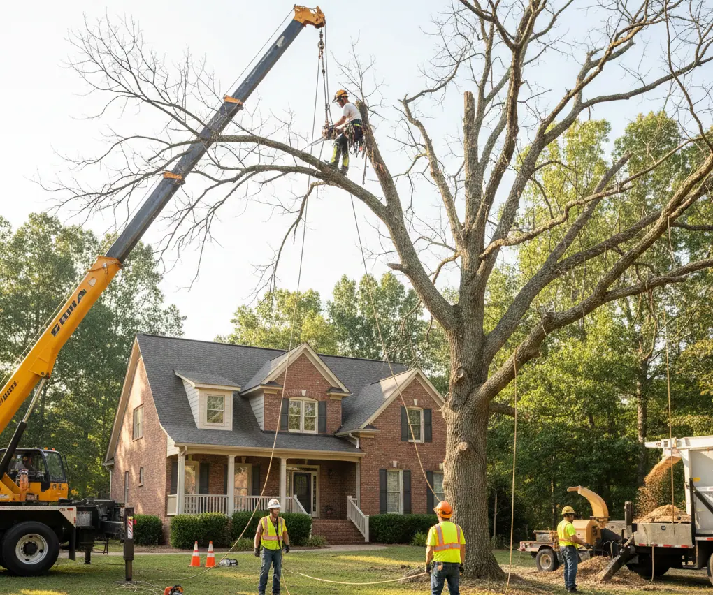 Crane-assisted removal of a large oak beside a Kennesaw-area home