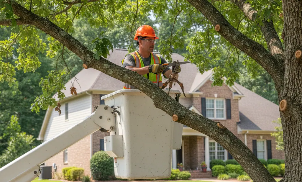 Bucket-truck arborist trimming mature tree limbs near a home